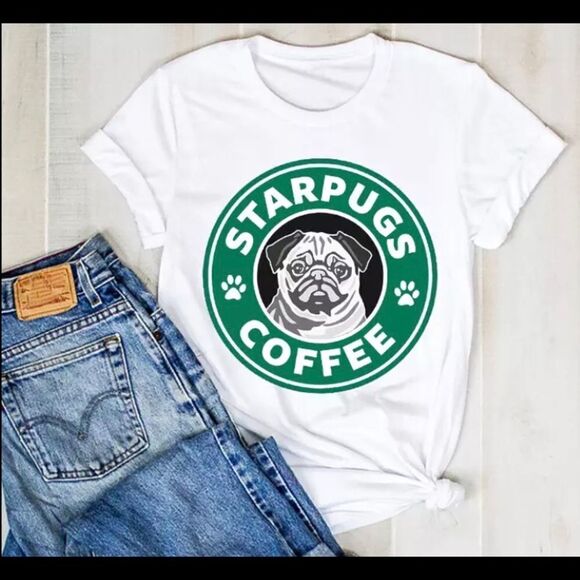 COPY - Funny Dog Pugs Tshirt -‎ White Coffee Loves Short Sleeve Tee Shirt NWOT - Picture 1 of 11
